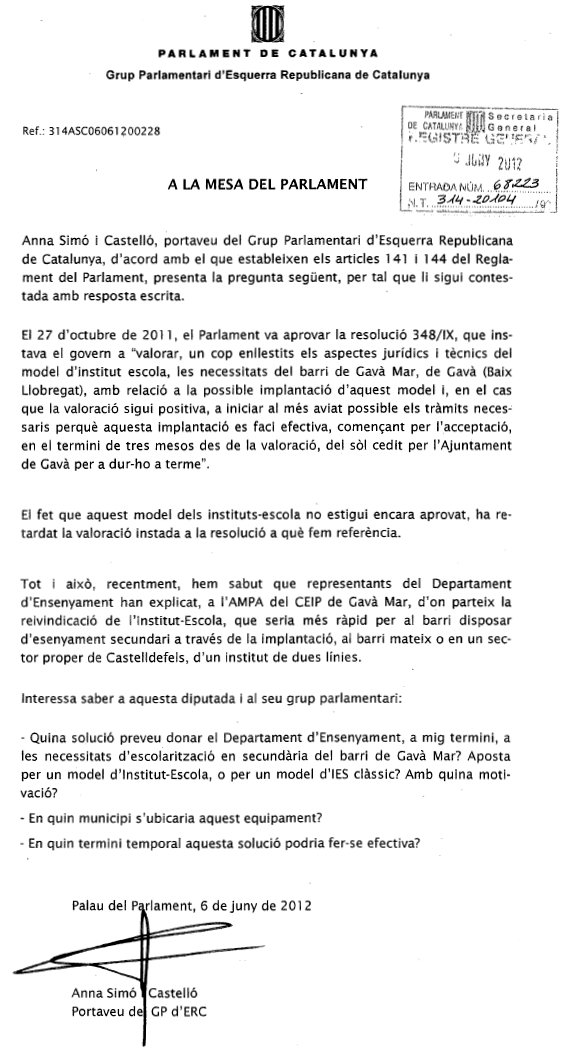 Preguntes escrites presentades per ERC al Govern de la Generalitat sobre la conversi de l'Escola Gav Mar en un Institut-Escola (6 de Juny de 2012)